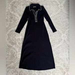 Sezane Navy Long Sleeve Ribbed Polo Maxi Dress with White Trim